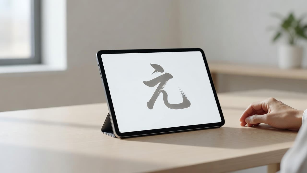 Kanshudo Review 2026: Is It Worth Your Time? 2 A person studies Japanese calligraphy on a digital tablet at a bright desk.
