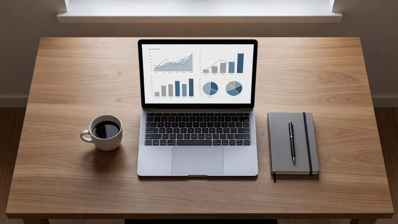 A top-down view shows a clean wooden desk arranged with a sleek laptop displaying complex data charts, an open notebook for documentation, and a freshly brewed cup of coffee nearby.