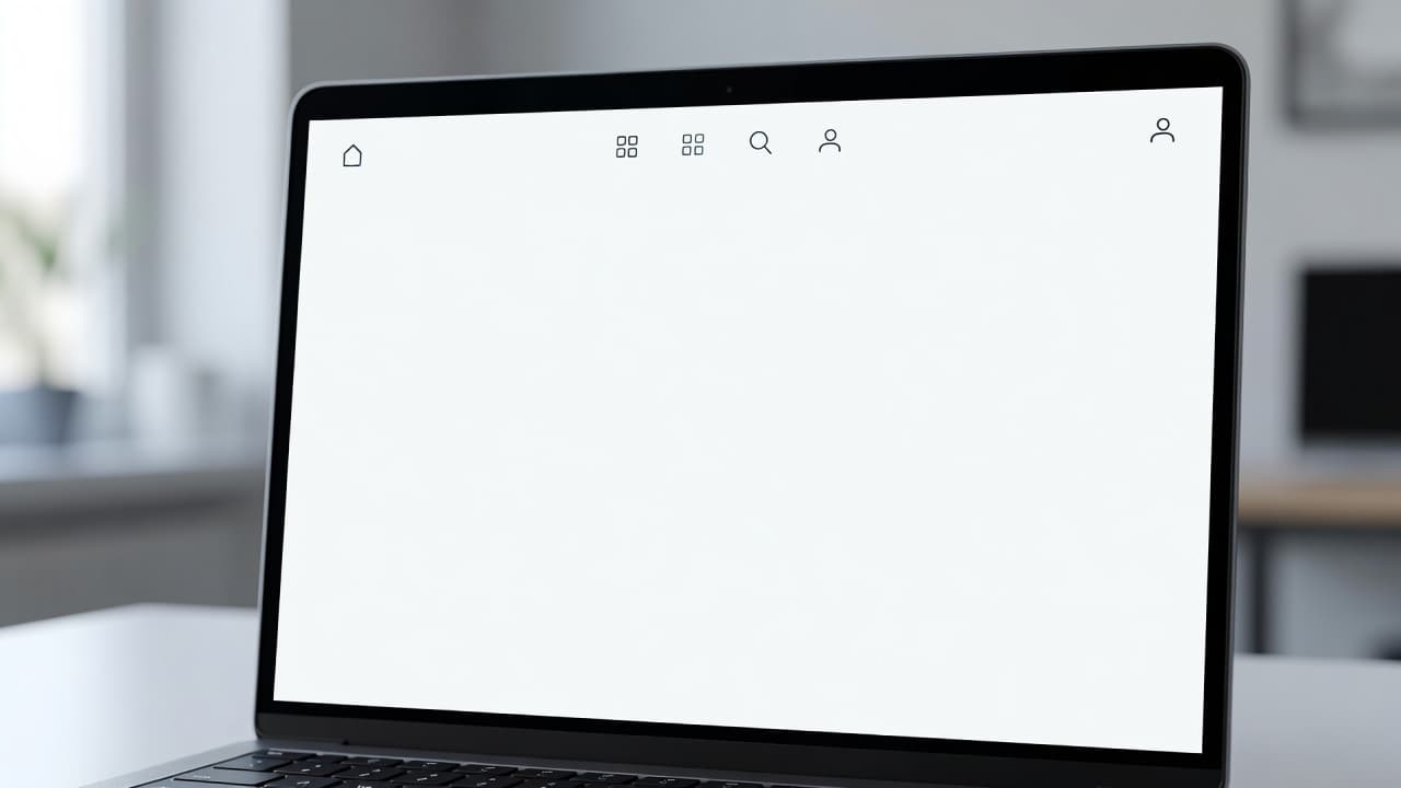 A close-up view of a modern laptop screen displays a sleek website navigation interface with clean typography and soft, ambient lighting. The background remains artistically blurred to highlight web design elements.