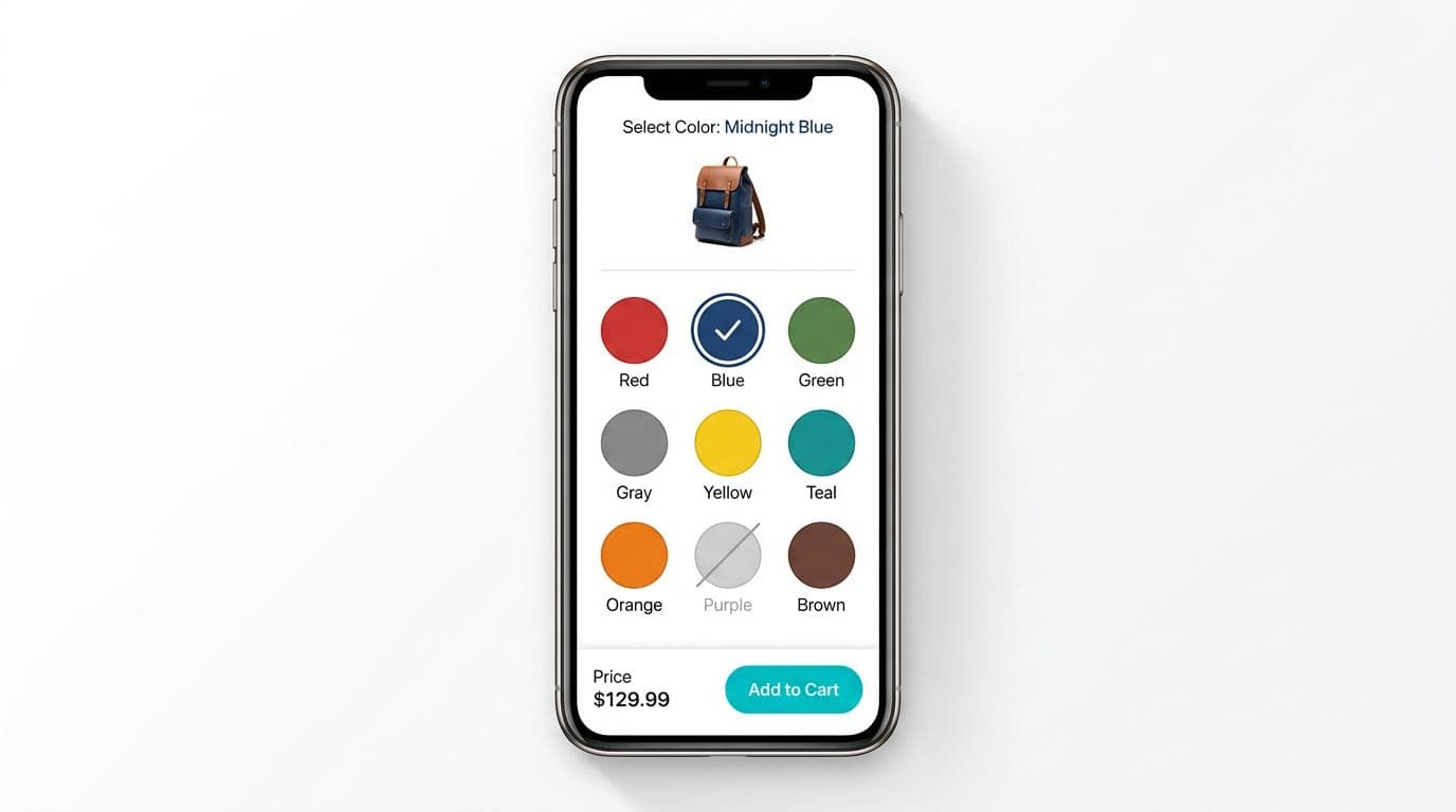 Clean, high-fidelity mobile UI mockup for an e-commerce color picker in a landscape phone frame, featuring a grid of labeled color swatches, selected outline with checkmark, out-of-stock indicators, product thumbnail, and sticky add-to-cart bar.