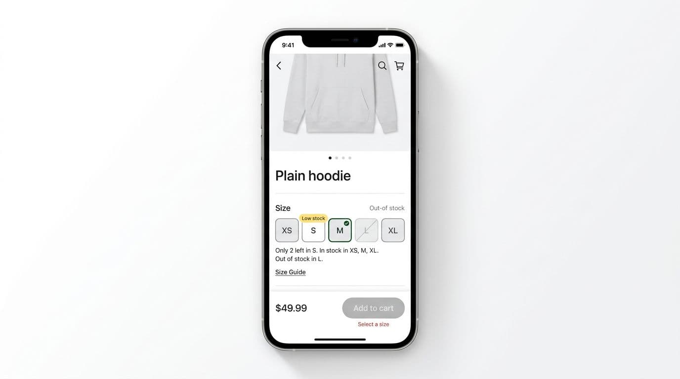 Clean, modern mobile e-commerce UI mockup demonstrating best practices for a product page size picker with XS-XL segmented buttons, availability states, low stock badges, and sticky add-to-cart bar in a phone frame.