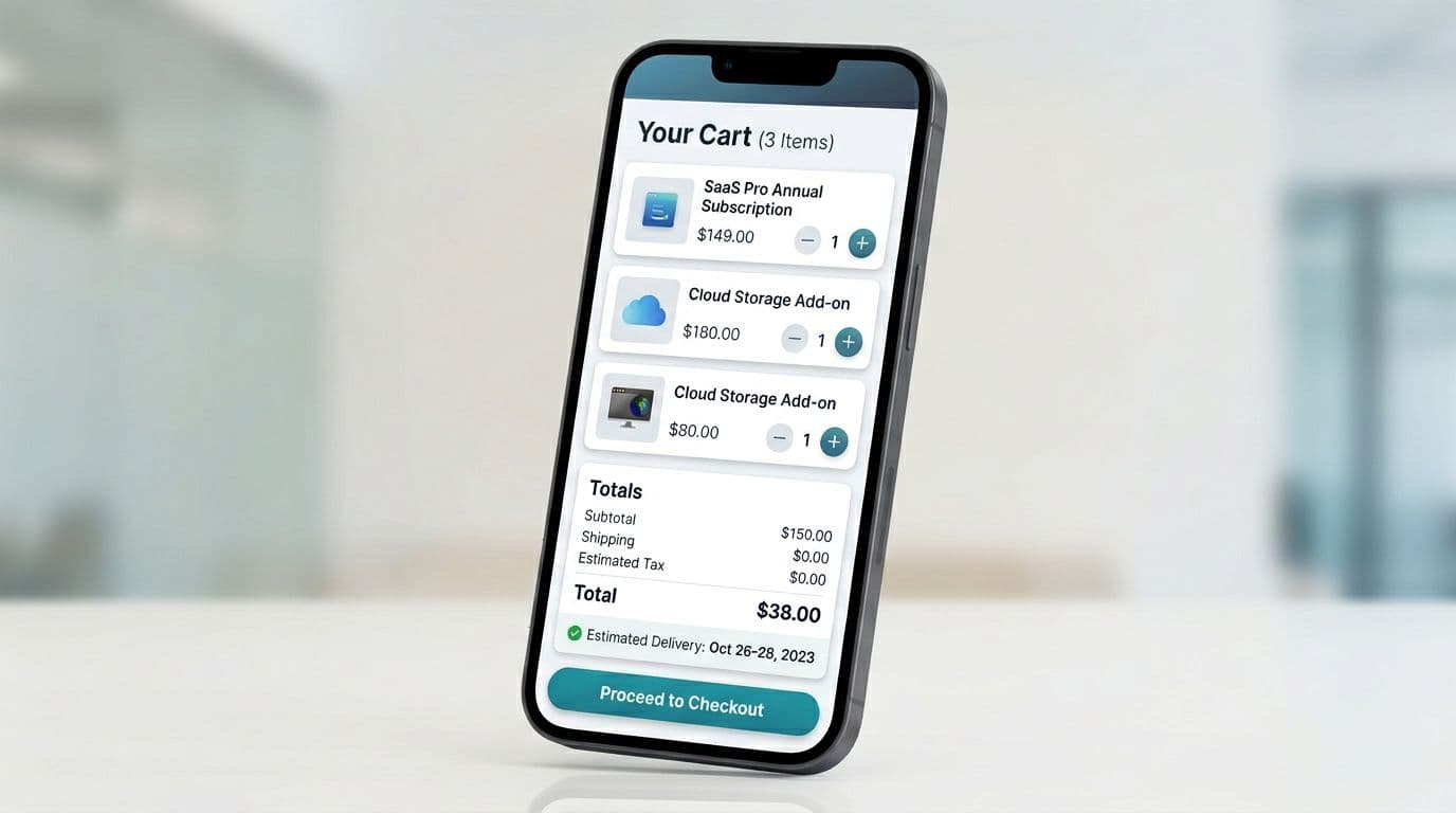 Close-up of a minimalist flat vector mobile cart interface in modern SaaS enterprise style, featuring subtle gradients, high-contrast neutral blues and teals, thumb-friendly controls, sticky checkout button, clear totals, and delivery date indicator on a light background.