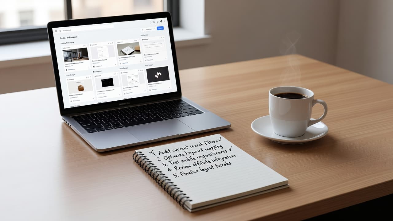 A sleek, organized desk surface holds an open silver laptop, a spiral-bound checklist, and a steaming ceramic coffee mug. Soft daylight streams across the workspace, creating a focused, productive atmosphere.