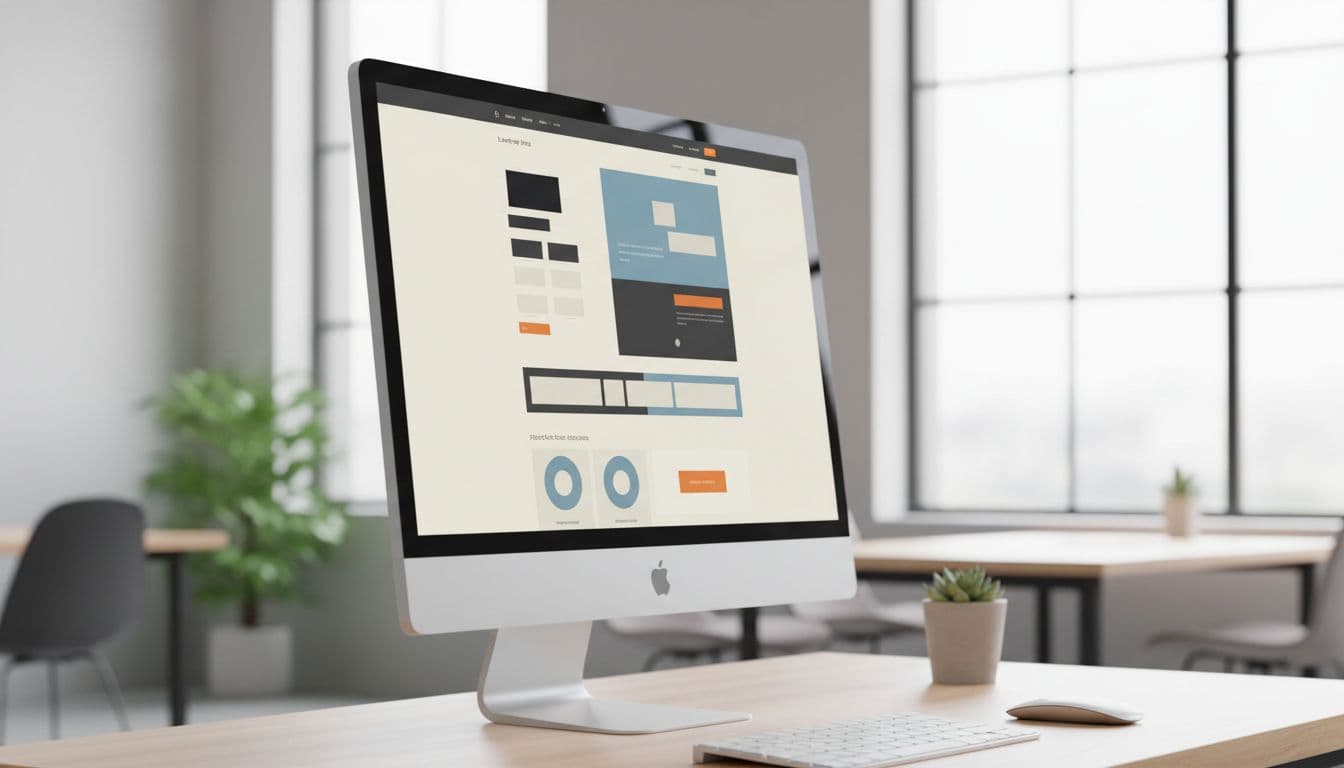 A sleek computer monitor sits on a minimalist desk, showcasing a structured web layout with clear sections. Soft office lighting illuminates the screen while a blurred workspace provides a clean background.