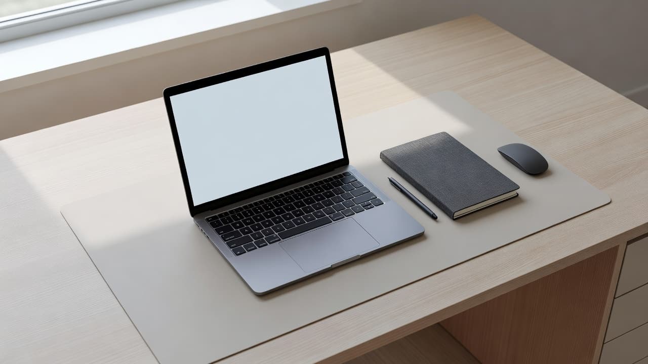 A top-down view of a minimalist desk featuring an open laptop and a clean notebook. Natural sunlight illuminates the organized workspace, highlighting a professional environment designed for strategic software marketing planning.