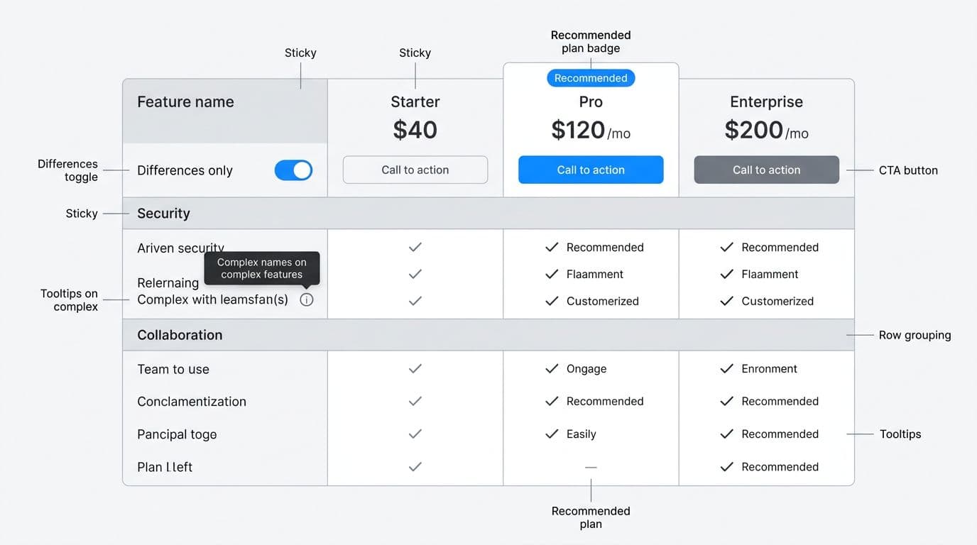 Clean UX diagram of a SaaS product comparison table for Starter, Pro, and Enterprise plans, featuring sticky columns, row grouping, differences toggle, tooltips, checkmarks, recommended badge, and CTAs in a modern light UI style with neutral grays and blue accents.