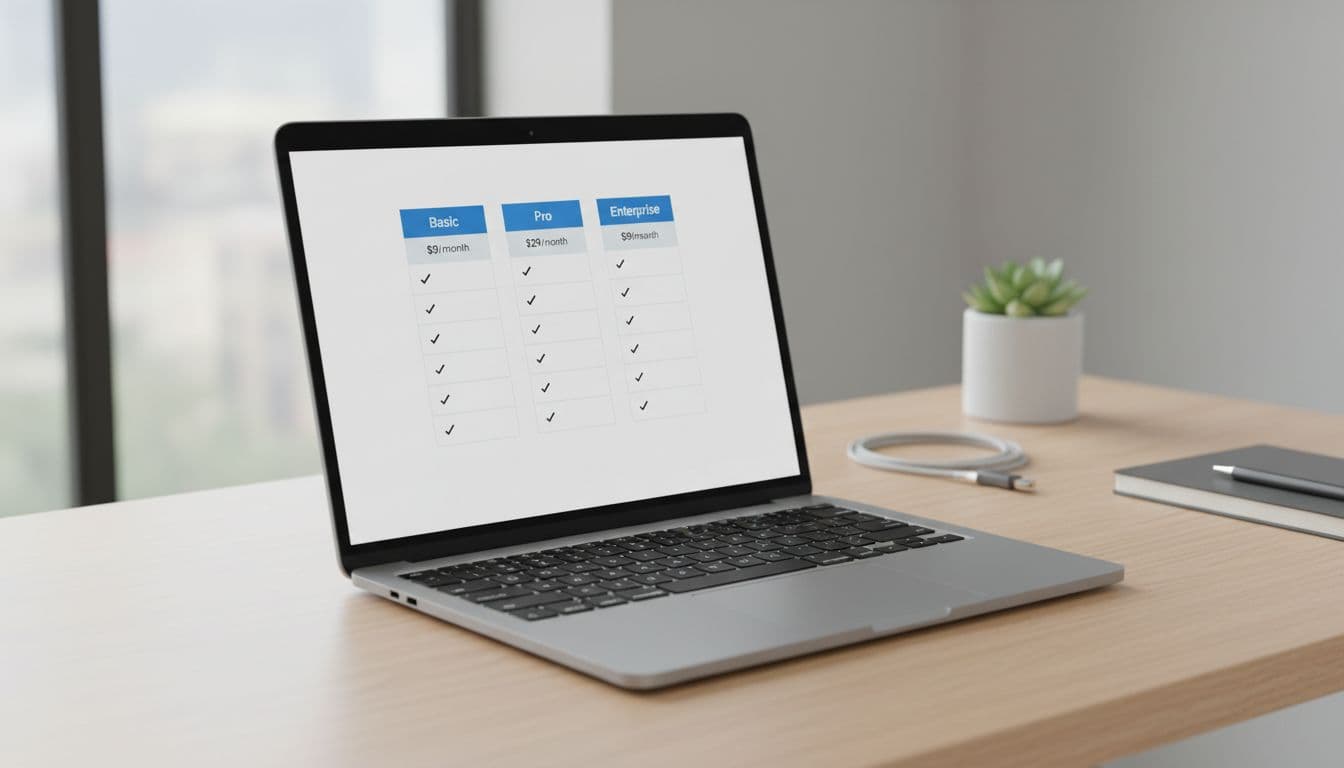 A clean, modern pricing table mockup for a SaaS tool displayed on a laptop against a simple office desk background. Features three plans—Basic at $9/month, Pro at $29/month, Enterprise at $99/month—with checkmarks for features in columns.