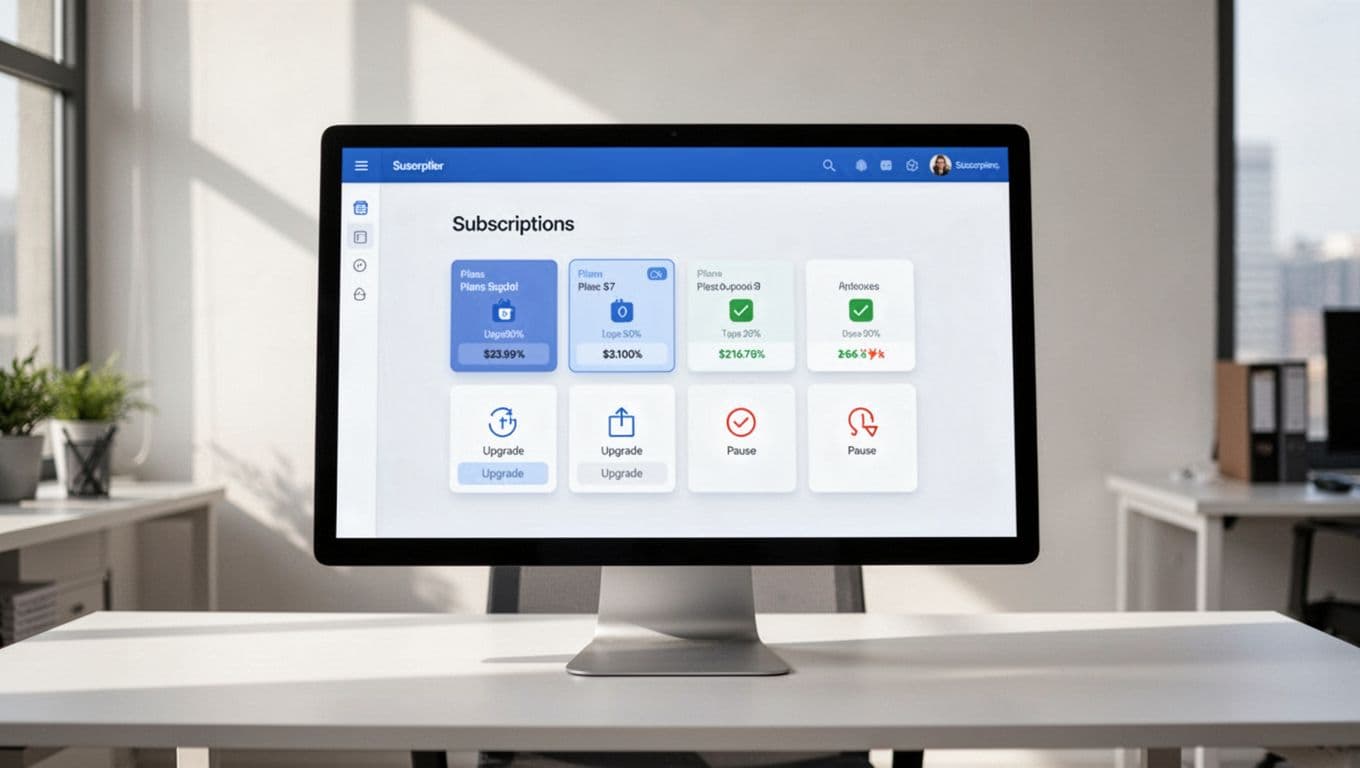 Clean modern subscription portal screen showing billing dashboard with plan options, upgrades, and pause buttons, viewed on a desktop monitor in a professional office setting with centered composition and ample whitespace.