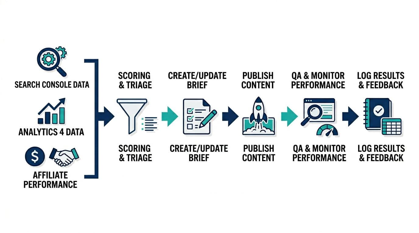 Clean, modern 16:9 editorial illustration of a simple workflow diagram from data sources (GSC, GA4, affiliate dashboard) through scoring/triage, update brief, publish, QA/monitor, to log results, using arrows and generic icons in flat vector style with navy/teal/white colors.