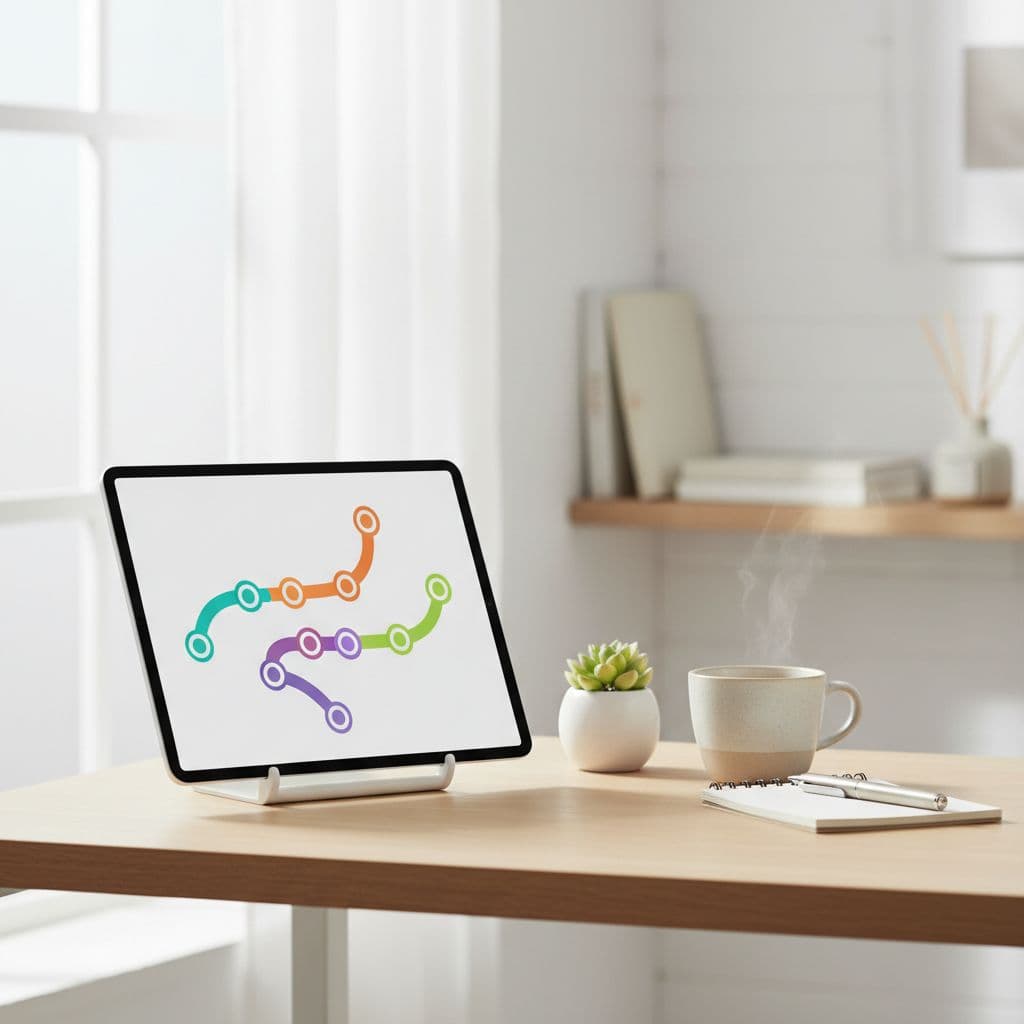 A clean modern desk features a tablet displaying a clear progress chart for language learning.