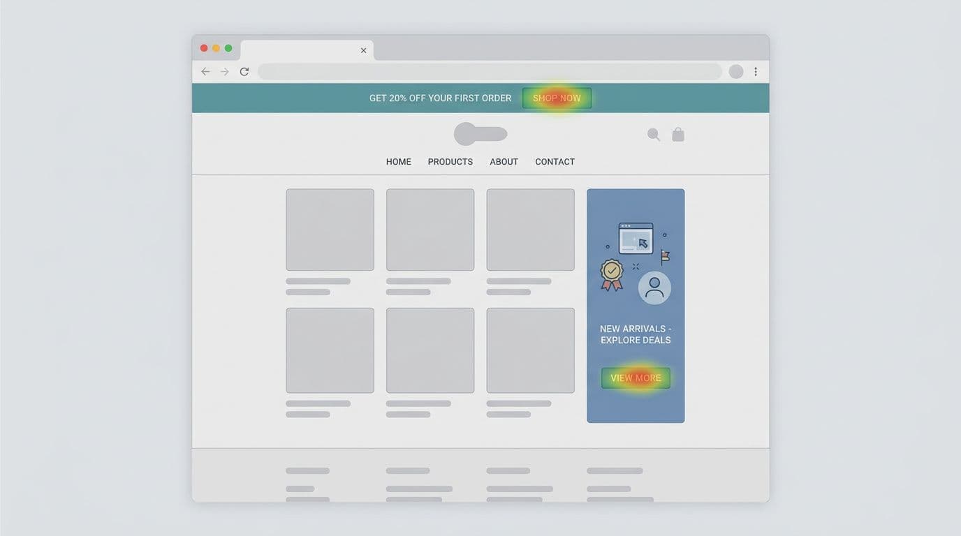 Clean, modern flat vector illustration of a desktop webpage mockup featuring a slim top announcement bar with discount offer and CTA button, subtle inline banner in product grid, and light heatmap highlights on CTA against neutral background.