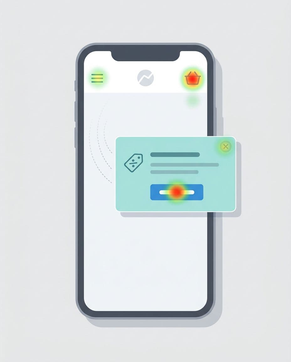 Clean, modern UX illustration depicting a mobile webpage mockup with a contextual promo banner near the cart icon, featuring value prop, CTA, dismiss button, heatmap overlay on interactive areas, subtle animation hints, flat vector style, minimal shadows, neutral background, and accessible palette.