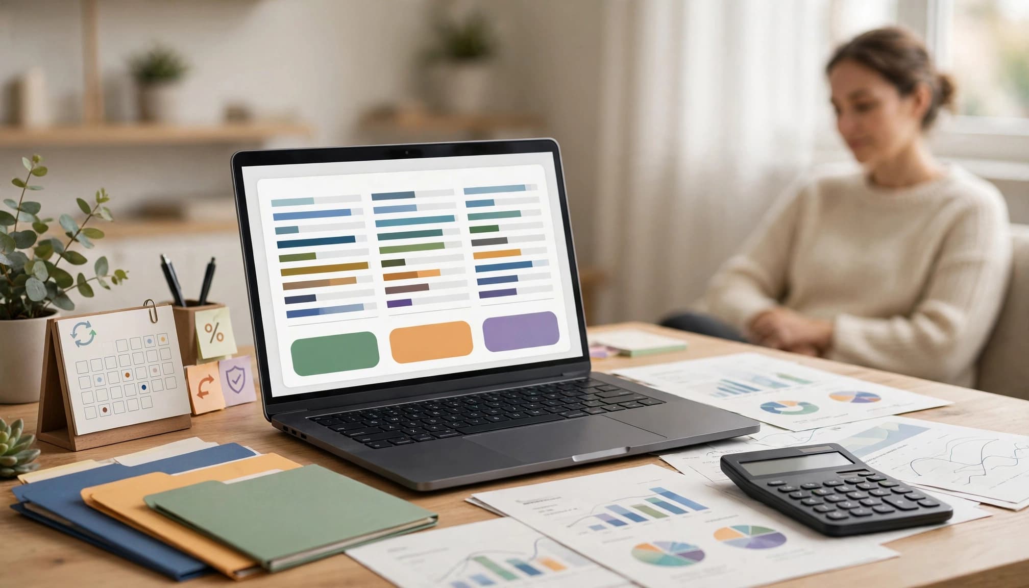 Laptop spreadsheet with a calculator, calendar, papers, and folders on a bright desk.