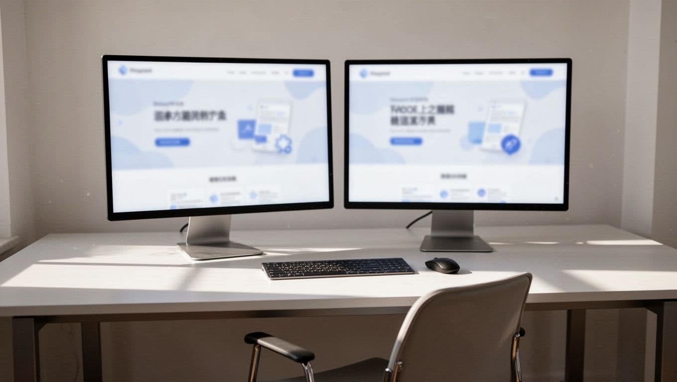 Minimalist desk with dual monitors showing blurred multilingual product pages, keyboard, mouse, and empty chair.