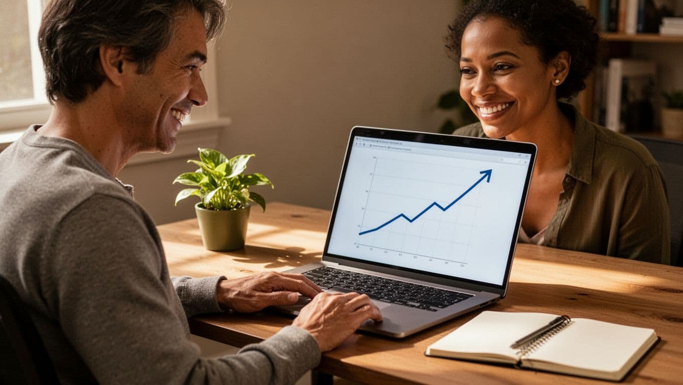 Person smiles at laptop screen showing upward keyword rankings and traffic graph in home office with plant and notepad.