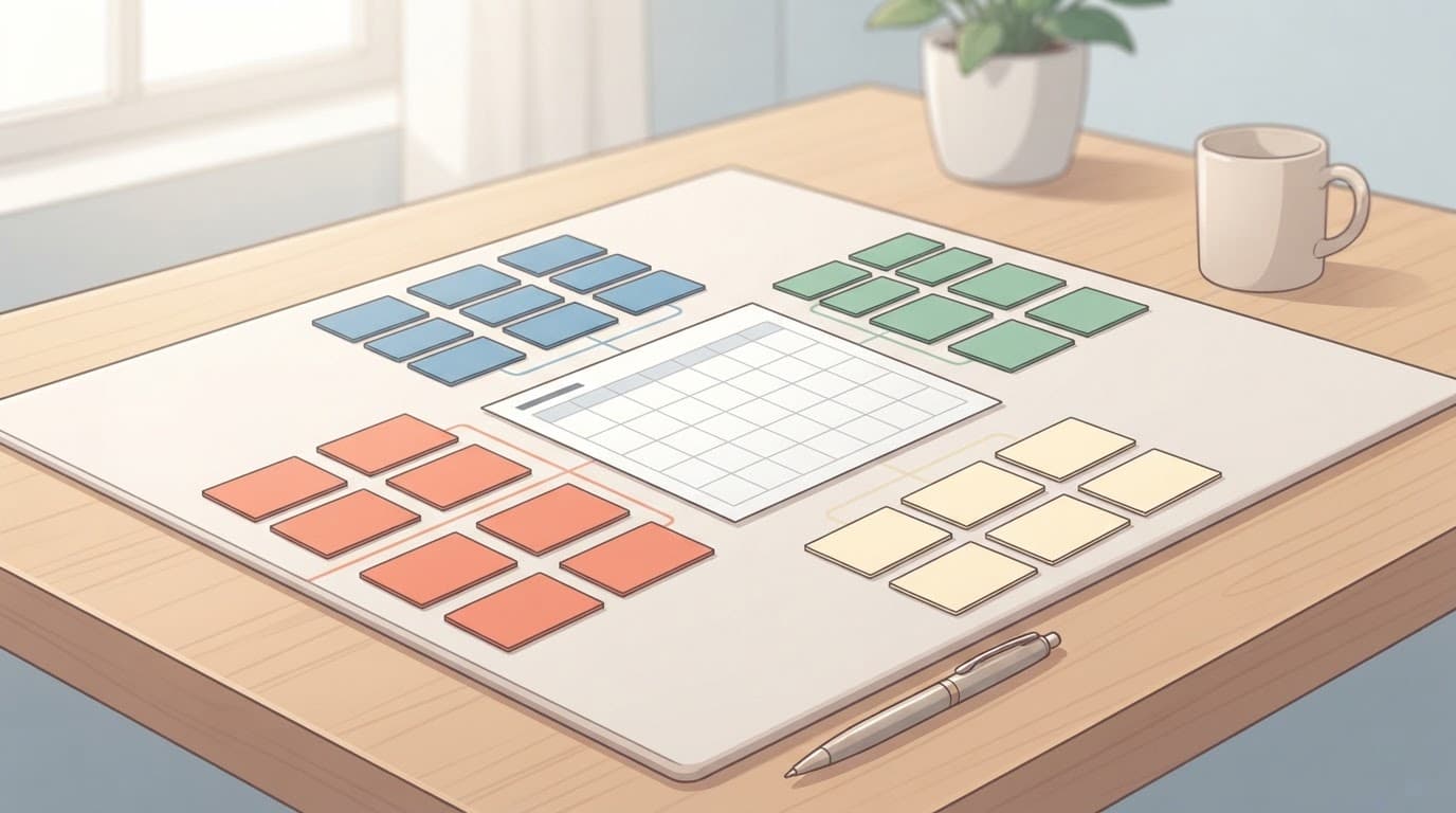 Blank colored cards surround a calendar sheet on a bright desk.