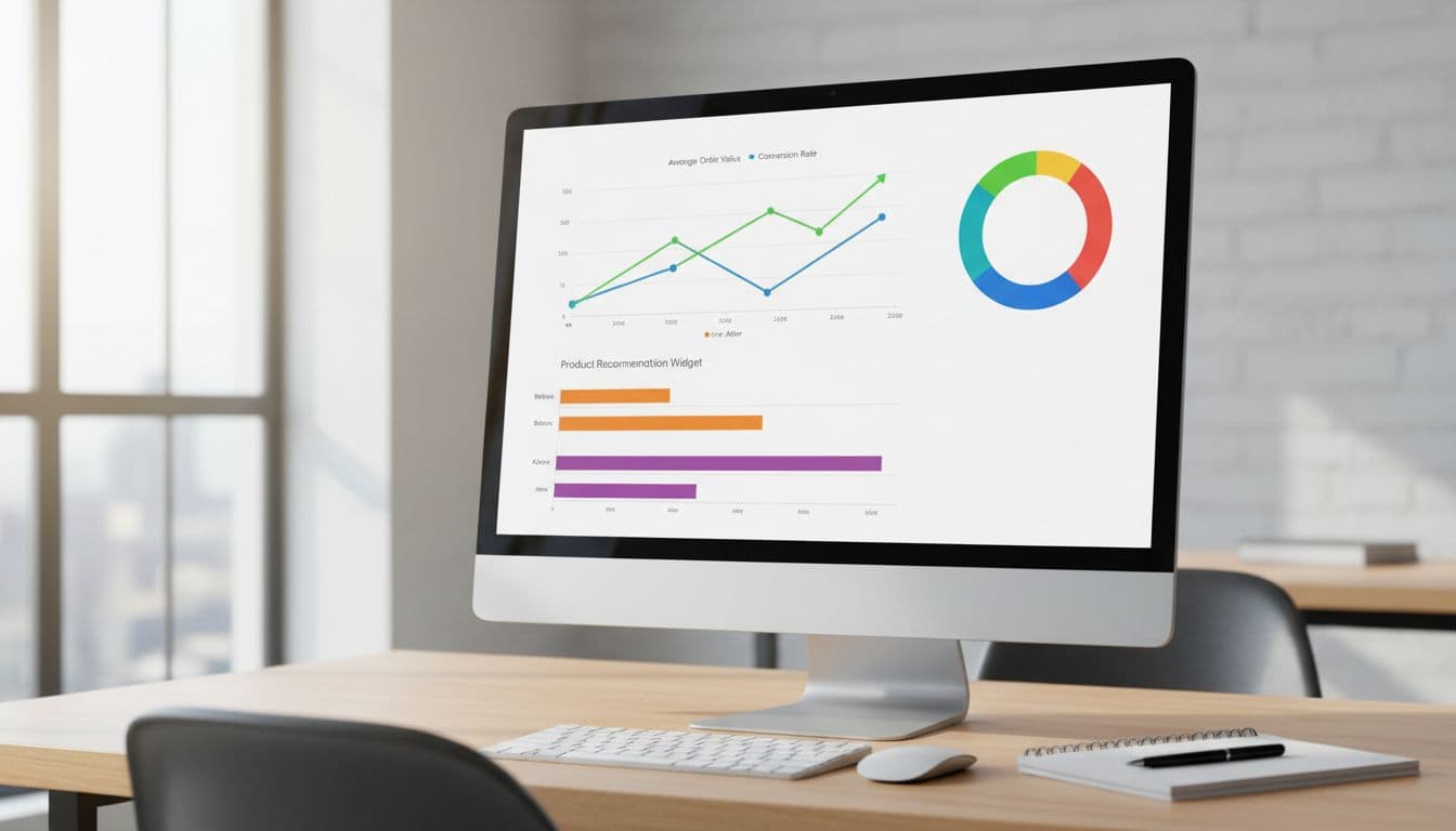Desktop computer screen in a modern office displaying an analytics dashboard with line charts tracking average order value AOV and conversion rate over time, plus bar graphs comparing product recommendation widget changes.