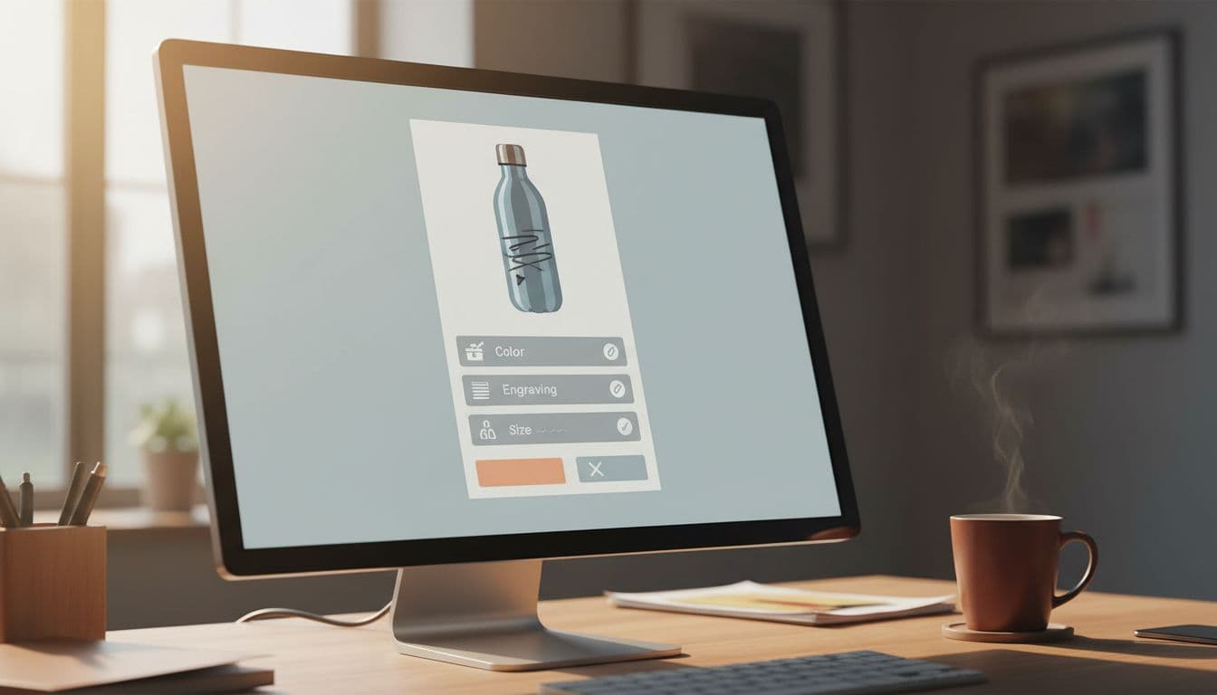 Desktop screen on office desk shows blurred order review summary with custom product image and options, coffee mug nearby.