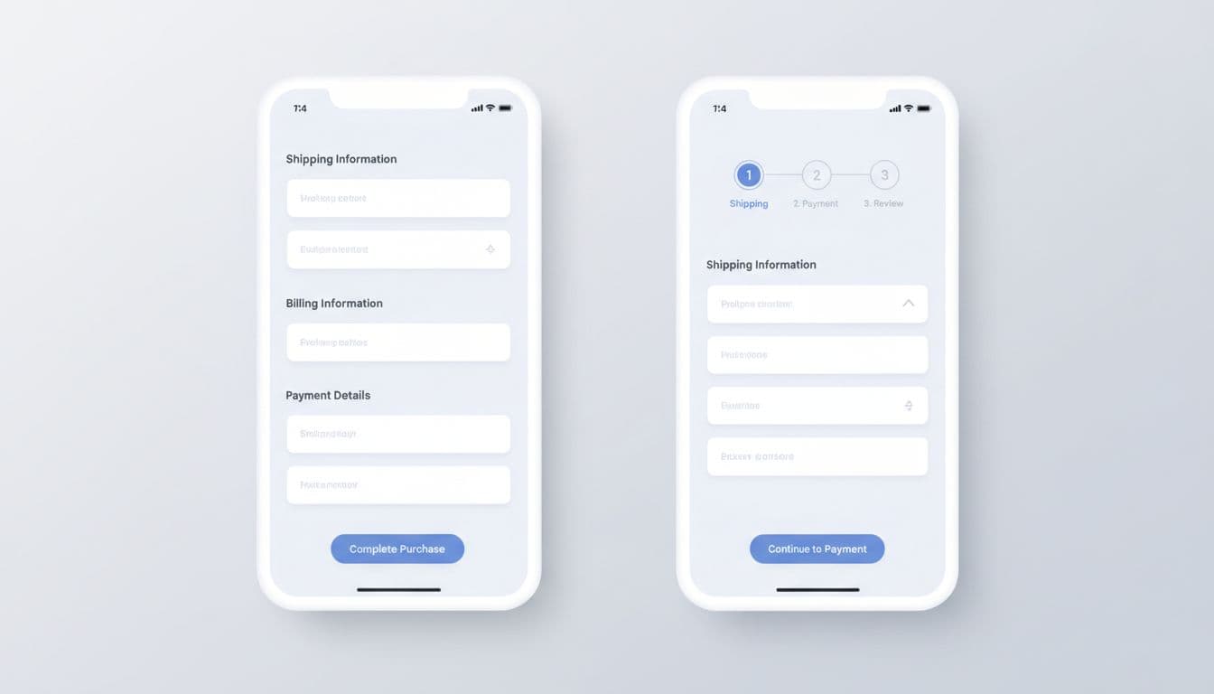 Two smartphone screens side by side on a neutral background: left shows compact one-page ecommerce checkout with shipping, billing, and payment fields; right displays multi-step checkout at shipping step with progress indicator. Clean modern UI, soft lighting, landscape ratio.