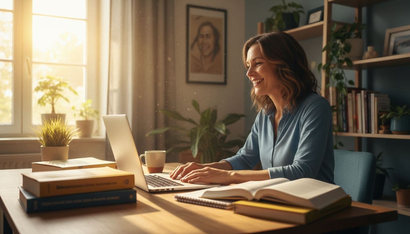 An adult learner joins a natural video call language lesson with a smiling tutor in a cozy home office, featuring open books, notebook, coffee mug, and natural daylight from the window.