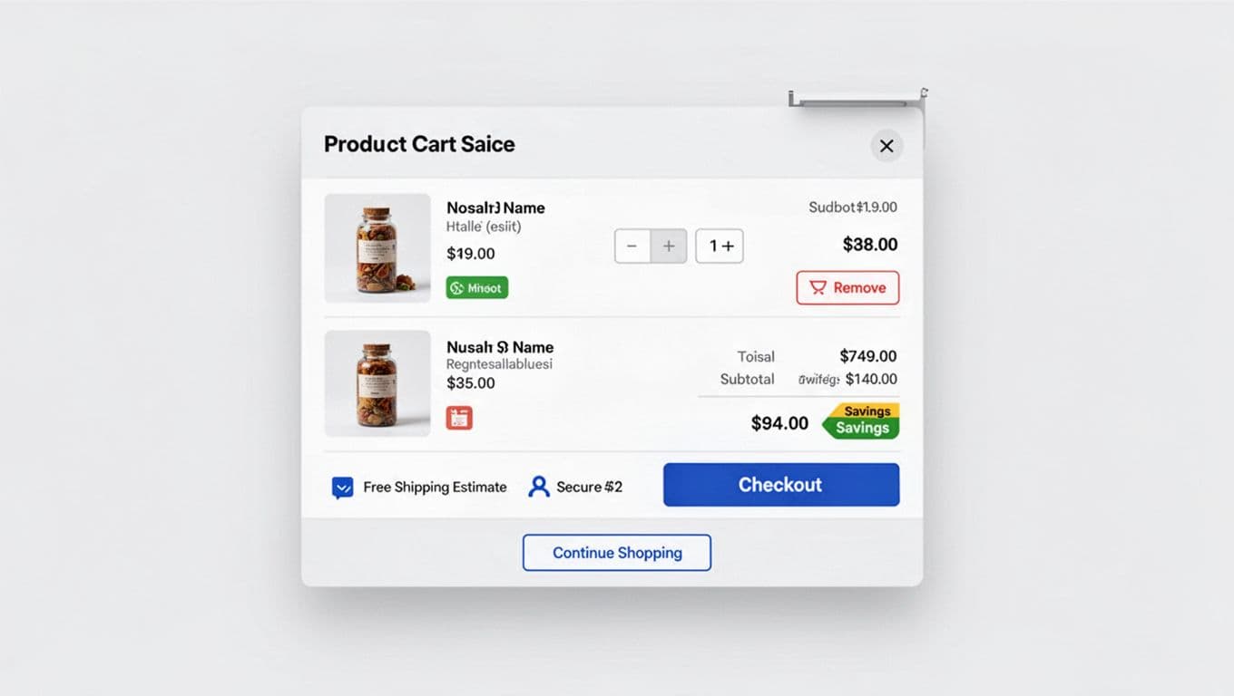 Clean professional UI/UX illustration of an open e-commerce cart drawer on desktop with product cards, quantity controls, price subtotal, savings badge, free shipping, secure checkout, and prominent CTA buttons.