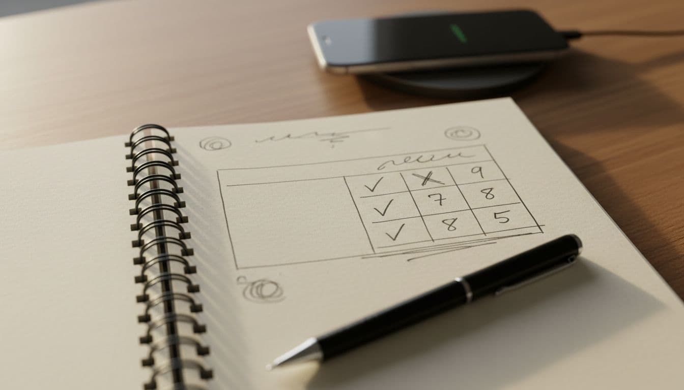How to Run the 15-Minute AI Chat Memory Test for Language Apps 3 Close-up of an open notebook on a desk showing a simple handwritten table of scores for AI chat tests with checkmarks and numbers, pen resting on the page, and a blurred smartphone in the background under warm natural light.
