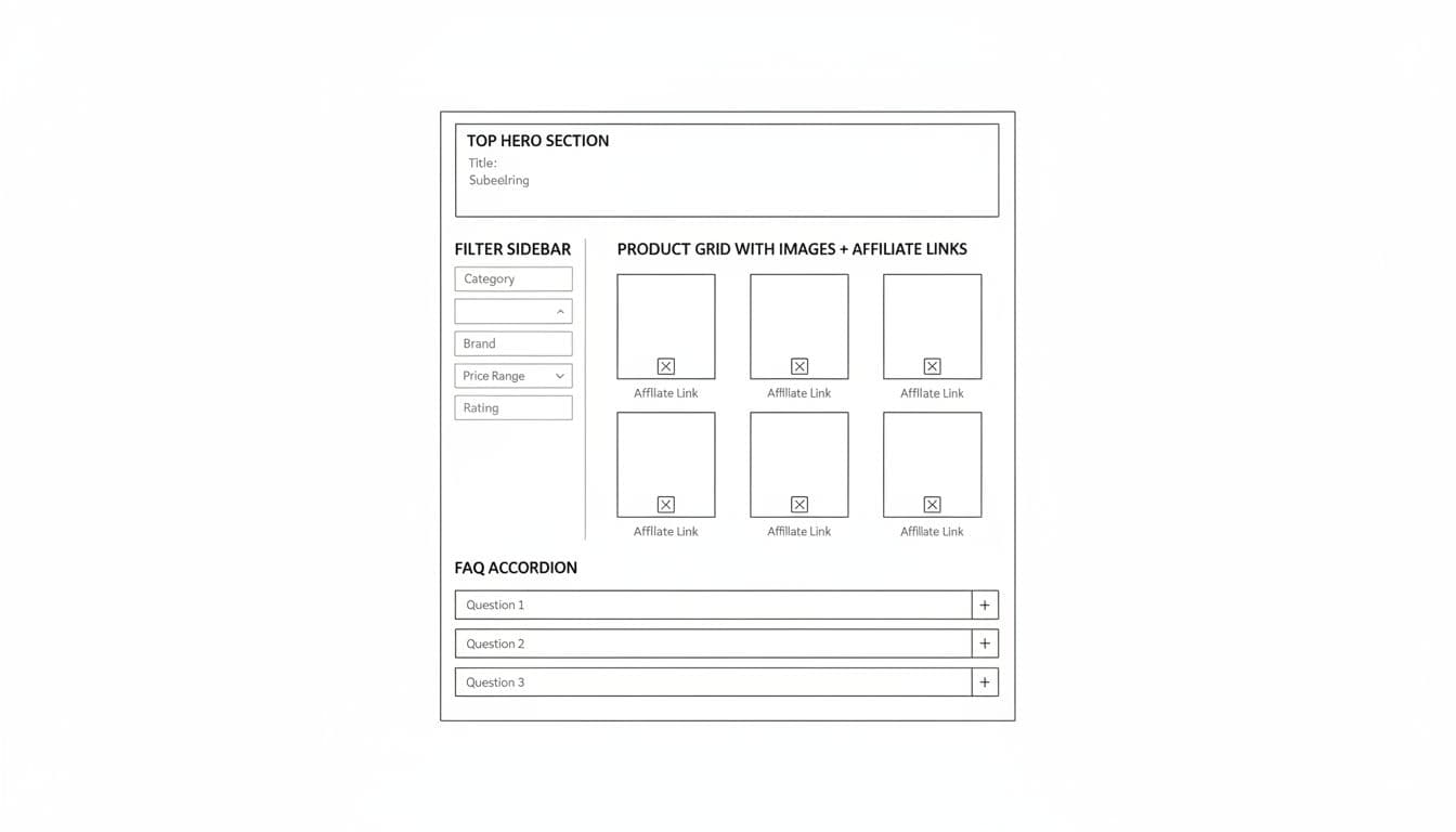 Wireframe layout of an optimized affiliate category page with top hero section, filter sidebar, product grid featuring images and affiliate links, and FAQ accordion below. Simple black lines on white background with minimal labeled sections, focusing on structure only.