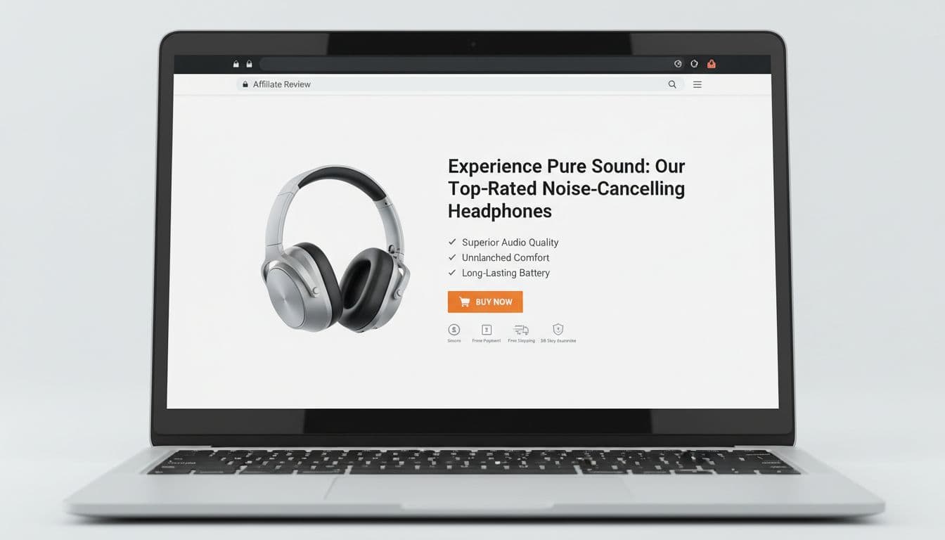 Laptop screen shows affiliate review with left product image, bold headline, pros bullets, buy button, and trust badges on white background.