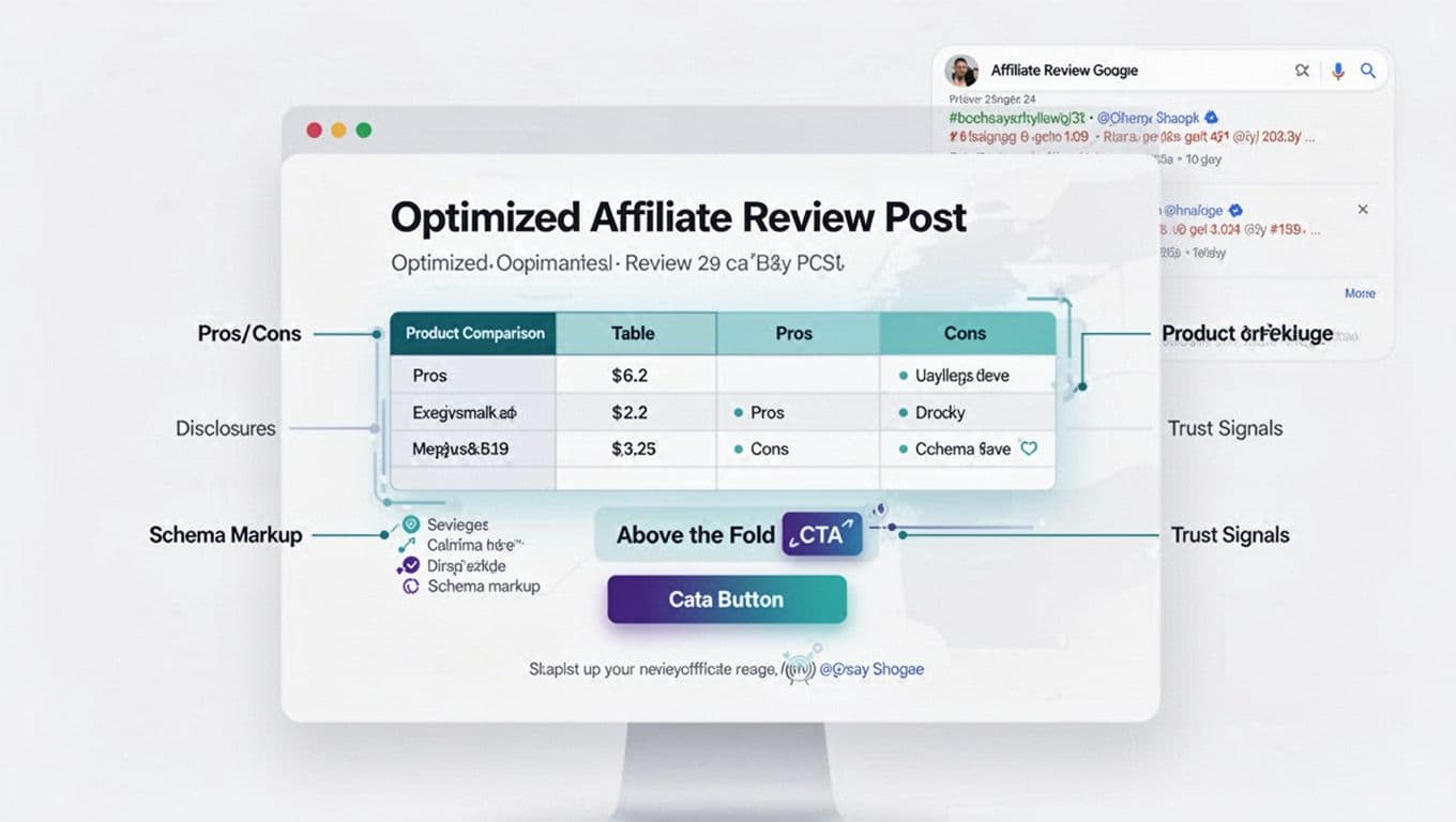 Illustration of an optimized affiliate review post layout on a desktop screen, featuring product comparison table, pros/cons lists, above-the-fold CTA button, schema markup indicators, and trust signals like disclosures. Clean webpage with subtle highlights on key elements and faint search engine result snippet background in crisp vector style with teal/indigo accents.