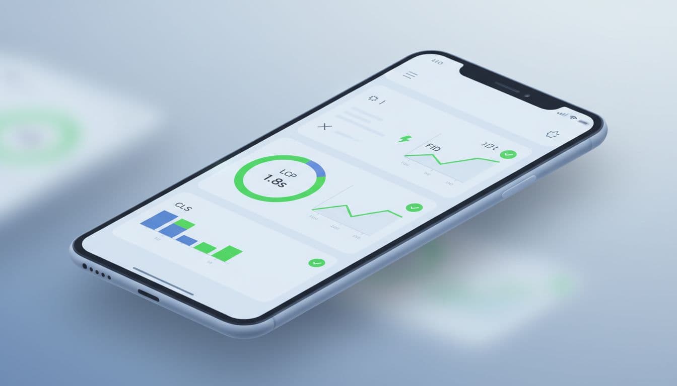 Angled mobile screen shows green LCP graph under 2s, low CLS, and fast FID metrics in neutral blue tones.