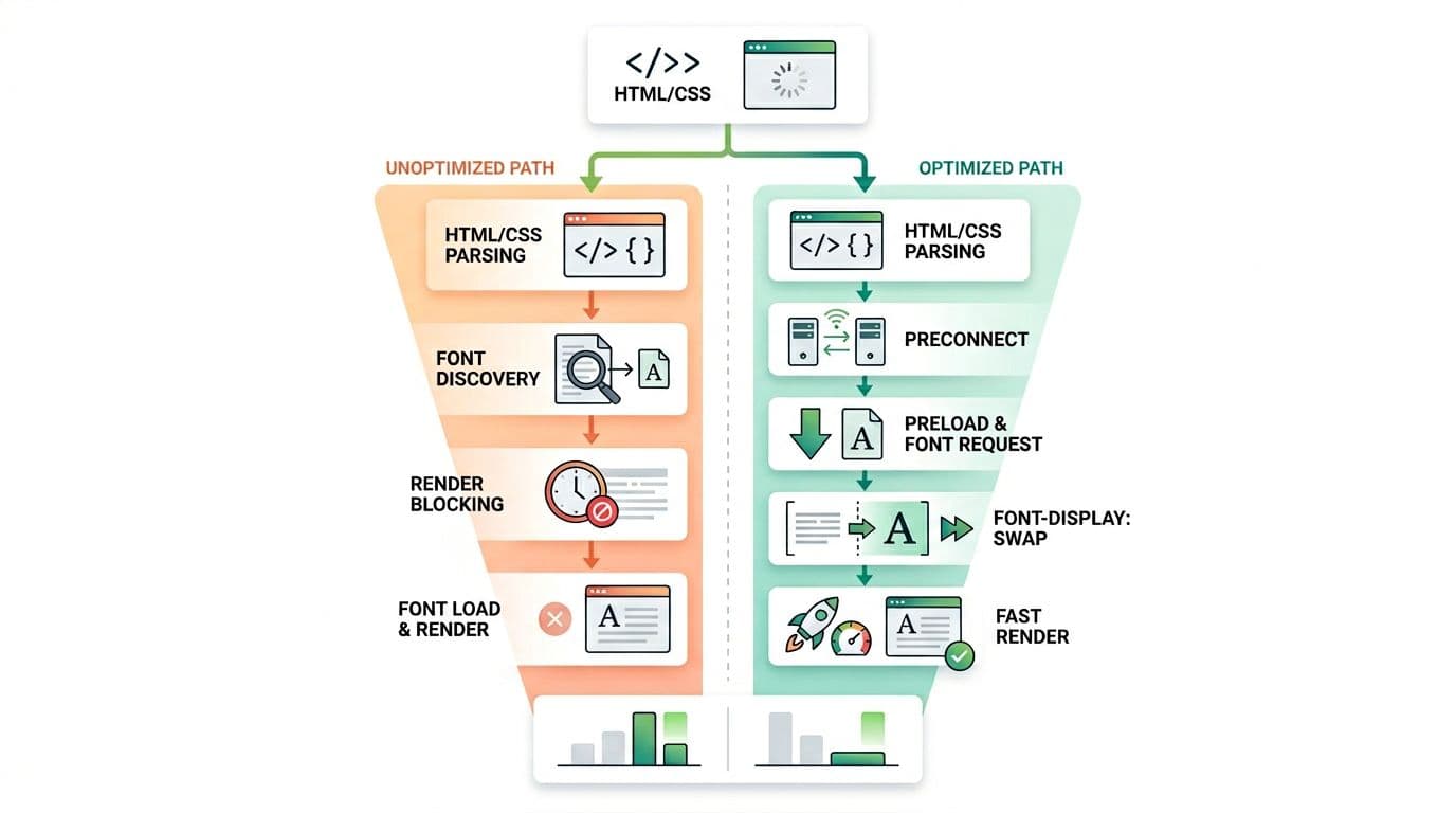 Vector flat design illustration of a performance funnel showing the webfont request chain from HTML/CSS to font files, with optimizations like preload, preconnect, and font-display swap to reduce render-blocking, featuring subtle gradients, Shopify-like green accents on white background, and one abstract icon per step.