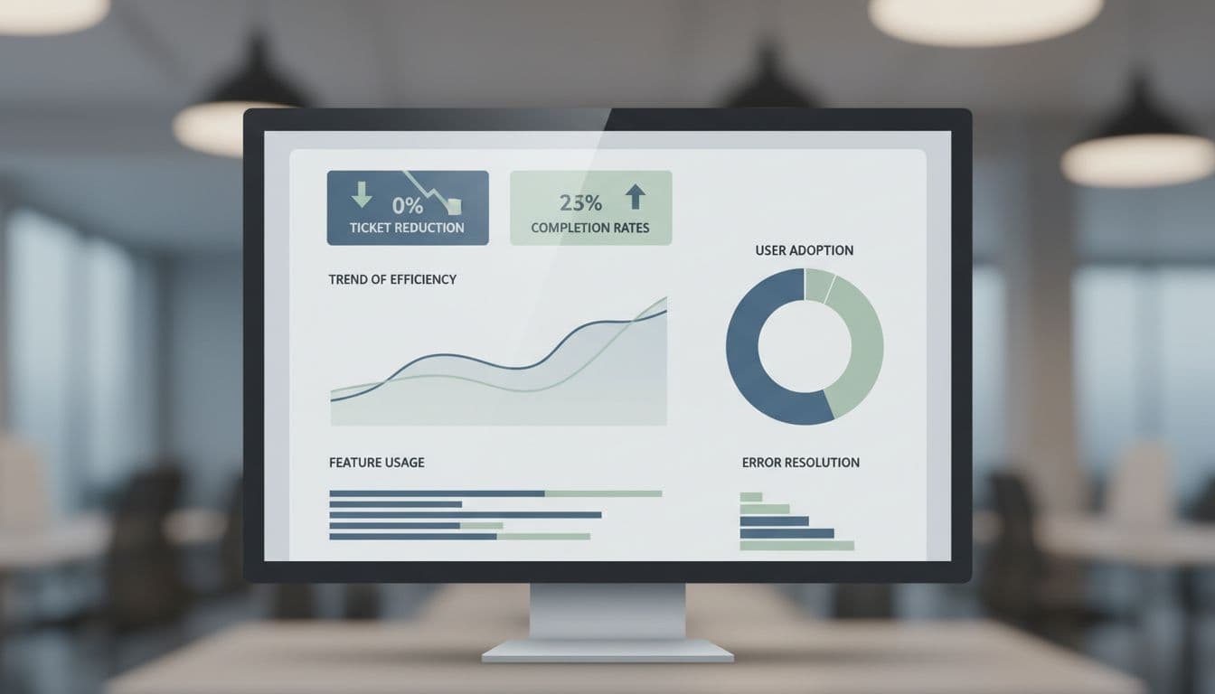 Analytics dashboard tracking order editing metrics like ticket reduction and completion rates with charts and graphs in a modern ecommerce SaaS tool. Professional illustration in neutral palette, one screen view, no people or text labels.