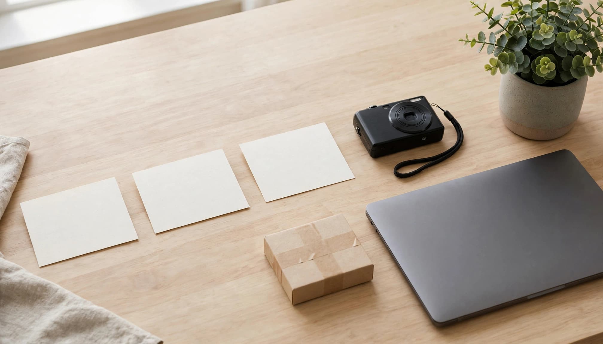 Blank cards form a sequence beside a camera, product package, closed laptop, and desk plant.