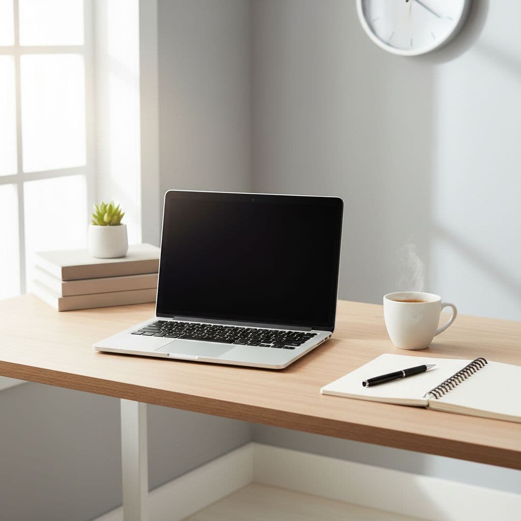A clean desk featuring a laptop, notebook, and coffee mug illuminated by natural sunlight.