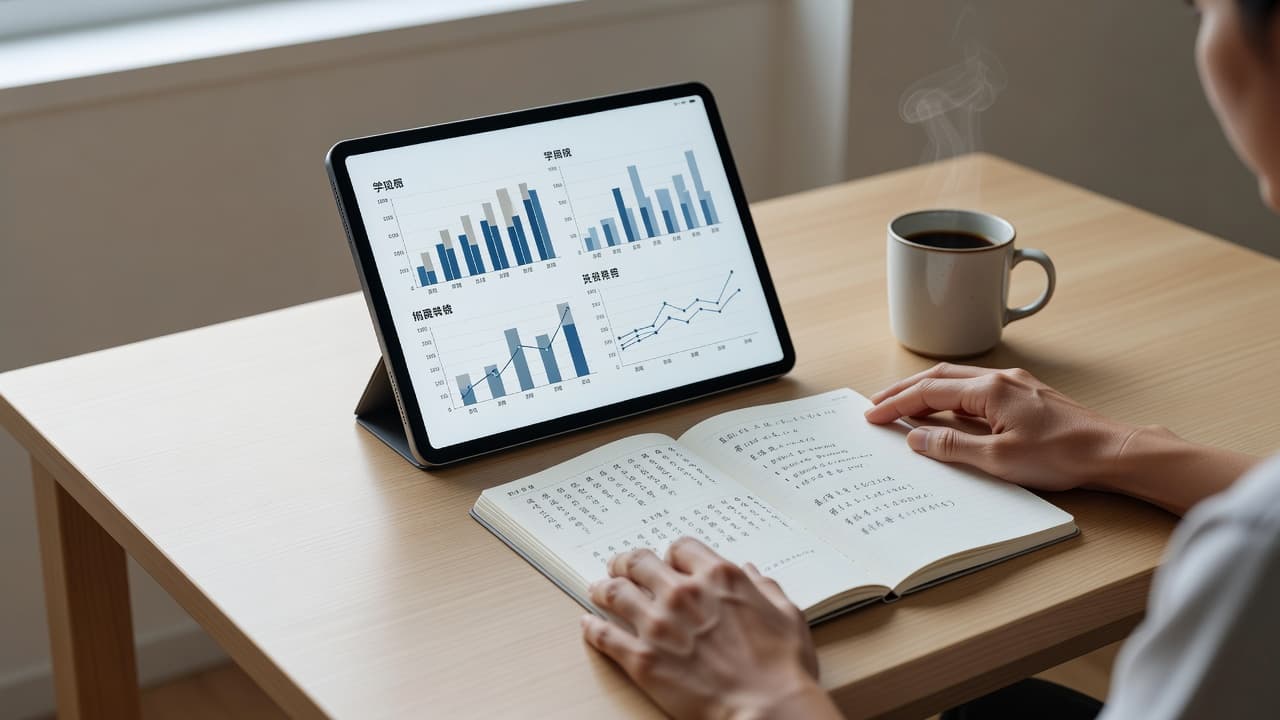 Best JLPT Prep Apps for Serious Learners in 2026 2 A digital tablet showing language exercises rests beside a handwritten notebook and a steaming coffee cup. Visible hands rest on the surface, emphasizing a dedicated and productive home learning environment.