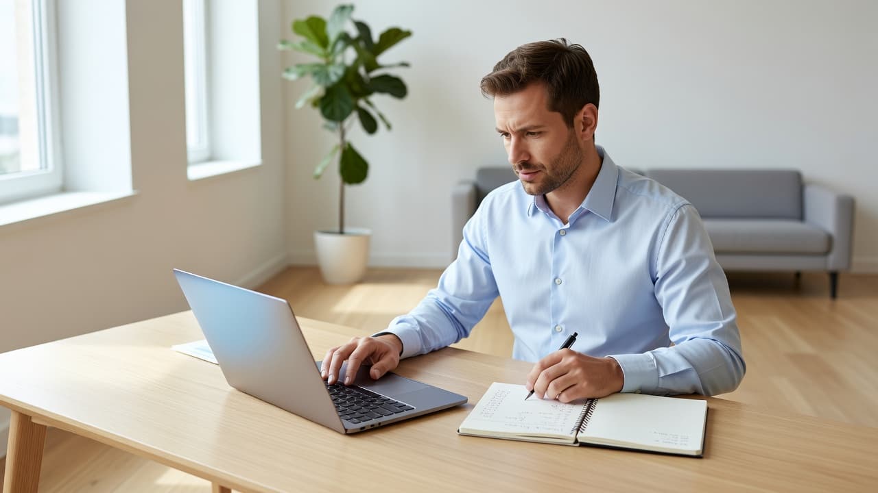 A focused individual sits at a minimalist desk carefully reviewing a notebook and laptop to organize financial figures. The bright, clean office environment promotes a professional yet calm working atmosphere.
