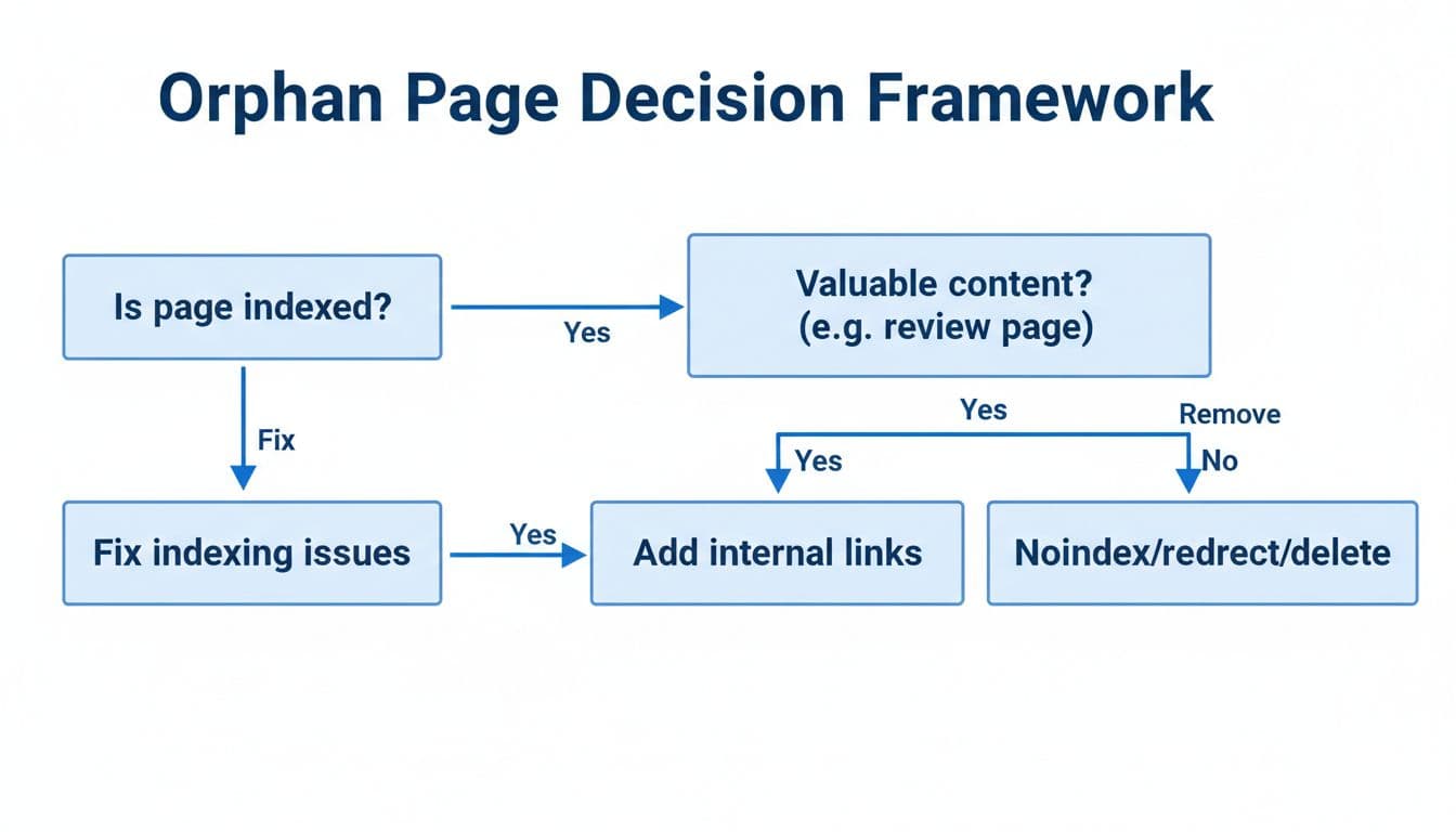 Simple decision tree diagram for handling orphan pages on affiliate sites, starting with 'Is page indexed?' and branching to check valuable content, then advising to add internal links or noindex/redirect/delete.