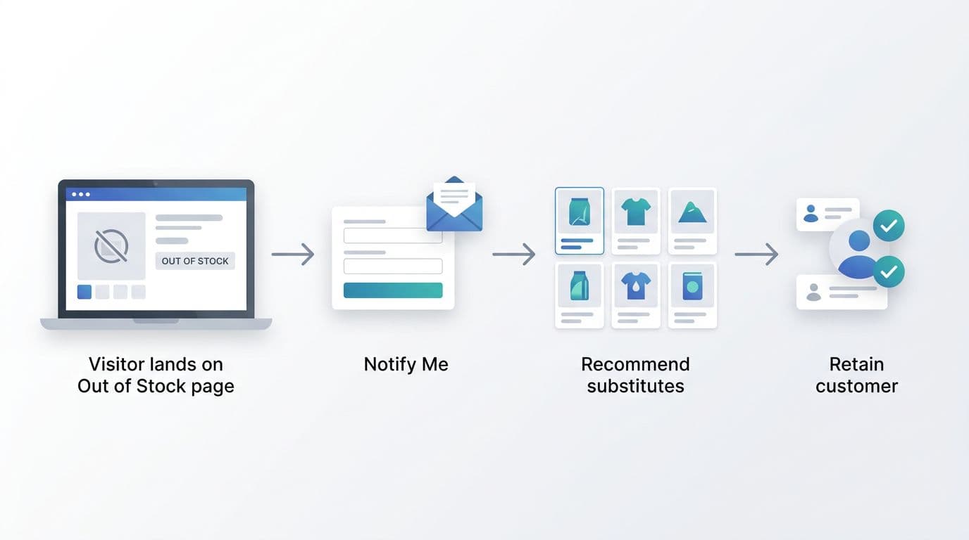 Simple funnel diagram illustrating out-of-stock product page flow from visitor landing on the page, capturing intent with 'Notify Me', recommending substitutes, to retaining the customer. Clean modern flat vector style with subtle gradients in enterprise SaaS aesthetic on neutral background.