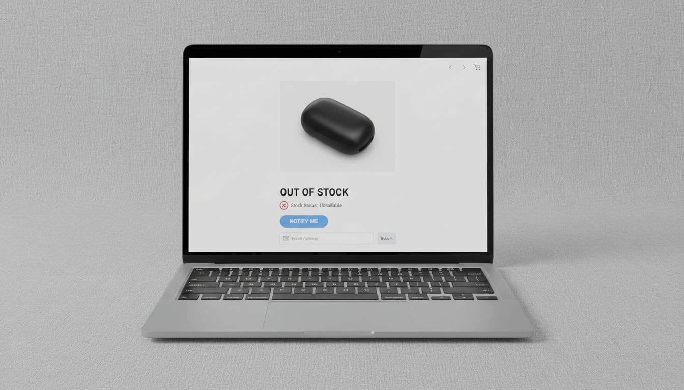 A clean, modern minimalist ecommerce product page on a laptop screen displays an out-of-stock product with a prominent notify me button, stock status indicator, and email input field.