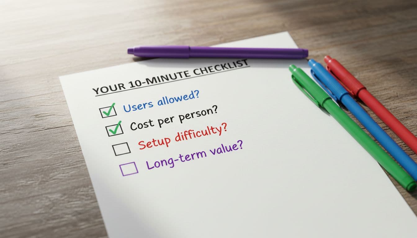 Close-up photorealistic image of a simple checklist on paper with checkmarks next to items, colored pens nearby on a wooden desk under bright natural daylight.