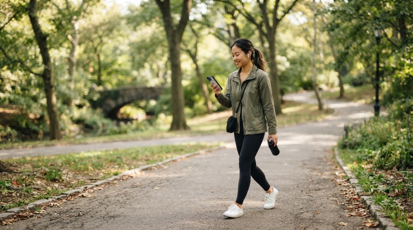ChinesePod vs Maayot: Which Builds Better Daily Listening? 3 Person walking in a park with earbuds and a smartphone.
