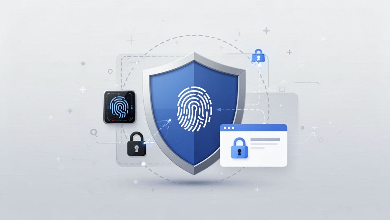 Modern SaaS-style illustration depicting passwordless login security with a central shield icon, fingerprint scanner, and locked browser symbol for single-device verification. Clean flat design on neutral gradient background.