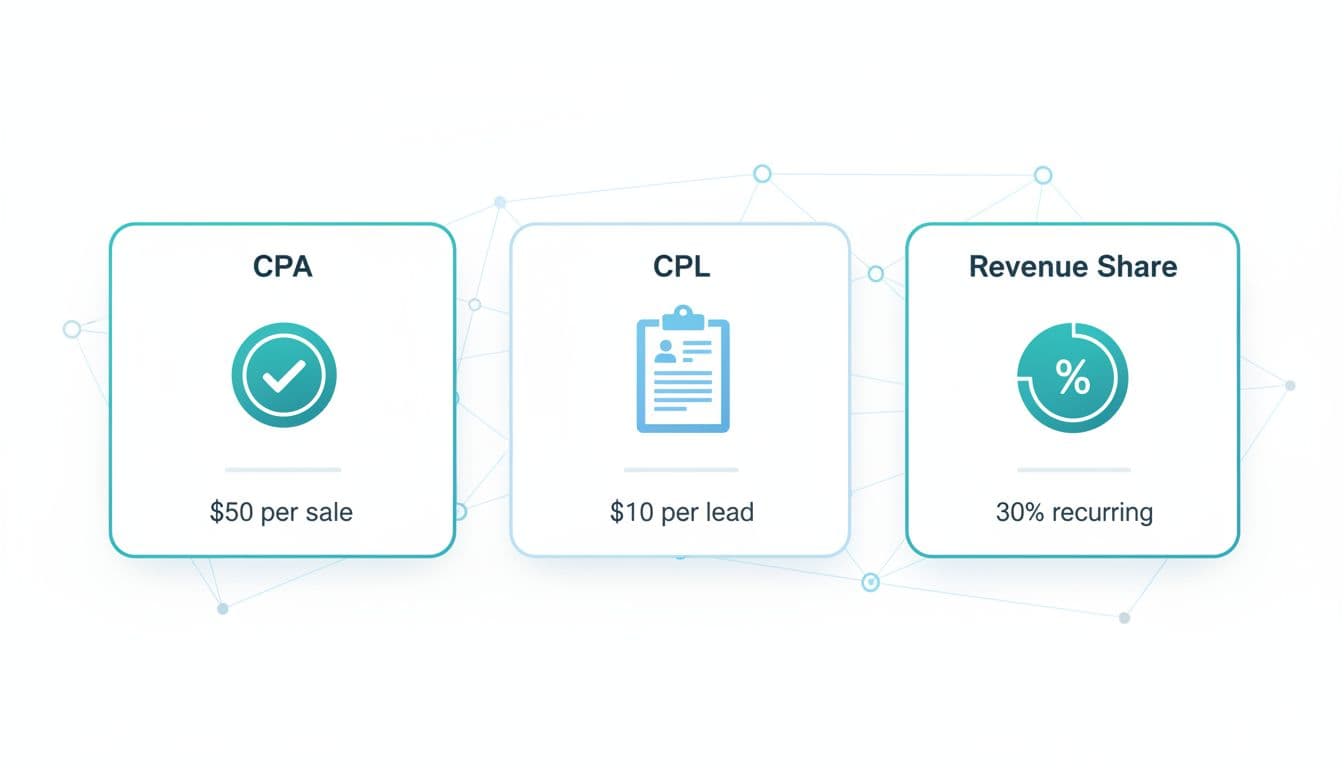 Clean flat vector illustration in fintech/SaaS style comparing three payout models: CPA ($50 per sale with coin icon), CPL ($10 per lead with clipboard), and Revenue Share (30% recurring with chart), on white background with teal/blue accents.