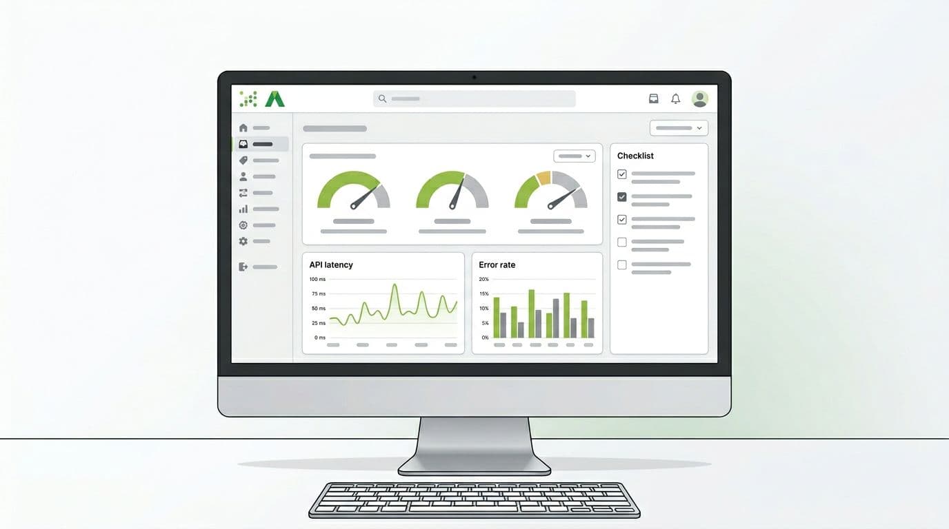 Clean professional illustration of a generic analytics dashboard displaying Core Web Vitals gauges like LCP, INP, CLS metrics, API latency line chart, error rate bars, and checklist panel in a modern SaaS interface.
