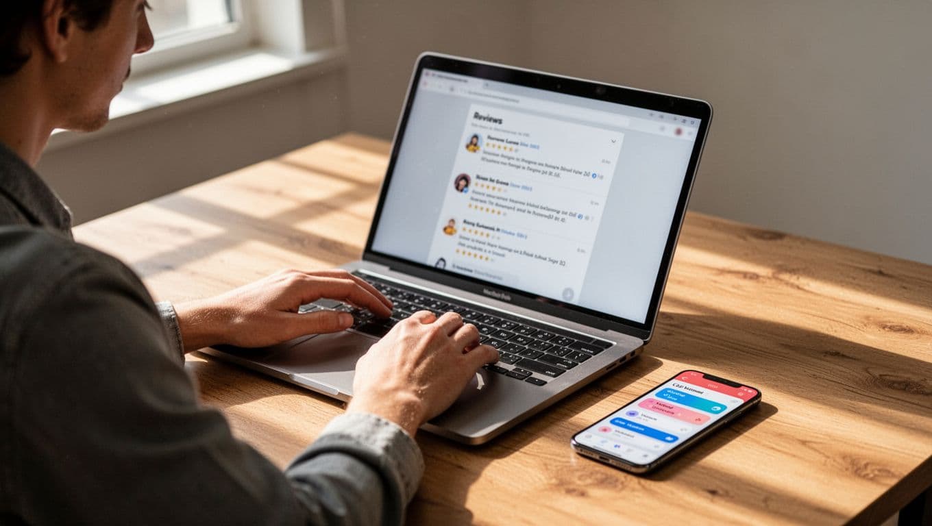 A focused individual sits at a desk with a laptop displaying an app store review page and a nearby phone showing a language app, scrolling reviews with a concentrated expression in a natural indoor setting with soft window light.