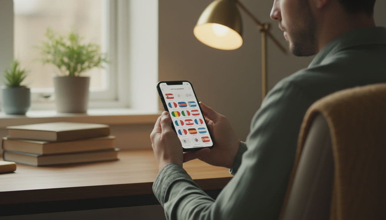 A person sits at a desk in a cozy home office, holding a smartphone at an angle to check the language selection menu on a language learning app screen, with soft natural lighting and focus on the phone.