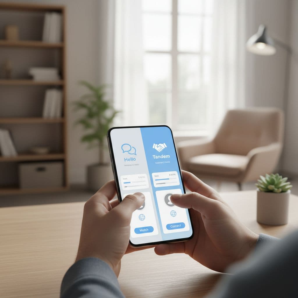 HelloTalk vs Tandem in 2026: Which App Fits Serious Learners? 2 A person uses a smartphone at a minimalist desk to compare language learning applications.