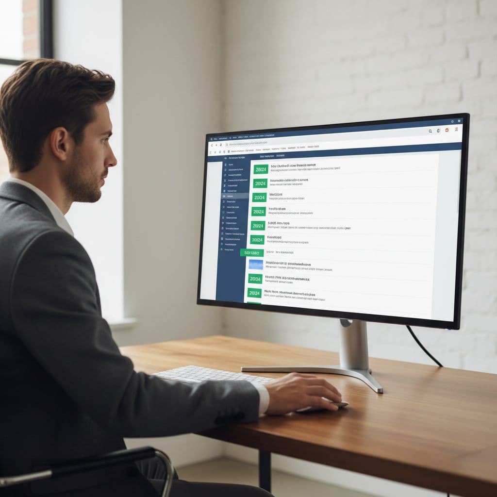 Person at desk views computer screen showing search engine results with recent date markers.