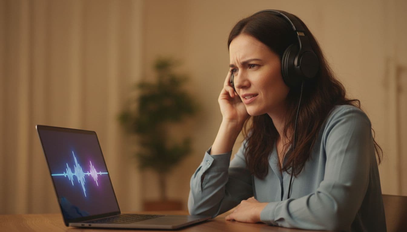 Best Language Apps for Speaking Practice in 2026 3 A person wearing headphones sits at a desk, looking intently at a laptop while participating in conversation.