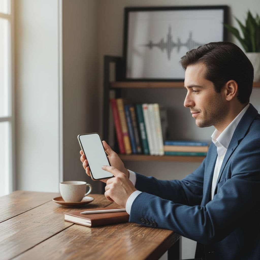 BoldVoice Review 2026: Is It Worth It for Serious English Learners? 2 A focused person sits at a wooden desk while practicing pronunciation using a smartphone app.